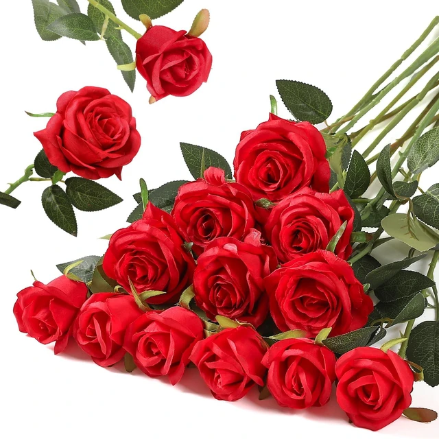 Main image of 12PCS Artificial Silk Flowers Realistic Roses Bouquet Long Stem for Home Wedding Decoration Party (Red, 6 Flowers 6 Buds)