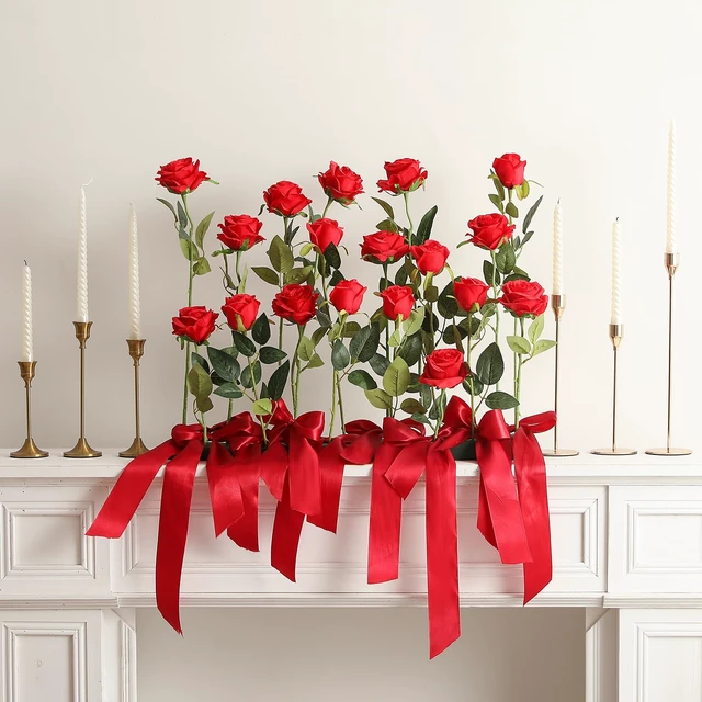 Alt view image 2 of 7 - 12PCS Artificial Silk Flowers Realistic Roses Bouquet Long Stem for Home Wedding Decoration Party (Red, 6 Flowers 6 Buds)