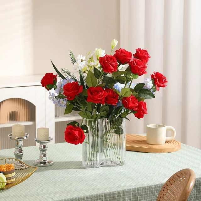 Alt view image 6 of 7 - 12PCS Artificial Silk Flowers Realistic Roses Bouquet Long Stem for Home Wedding Decoration Party (Red, 6 Flowers 6 Buds)