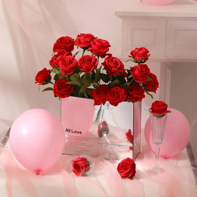 Alt view image 7 of 7 - 12PCS Artificial Silk Flowers Realistic Roses Bouquet Long Stem for Home Wedding Decoration Party (Red, 6 Flowers 6 Buds)