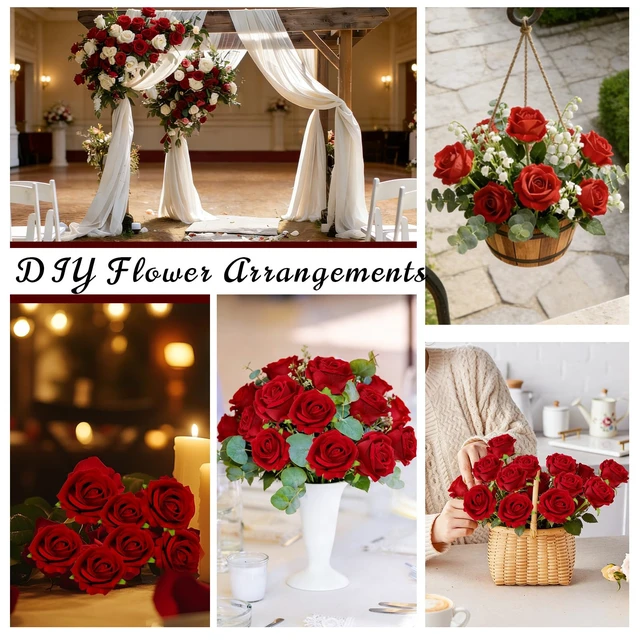 Alt view image 5 of 7 - 12 Pcs Red Roses Artificial Flowers, Real Touch Fake Velvet Flowers with Stems in Bulk for DIY Home Decor, Wedding, Party, Mother's/Valentine's Day Gifts
