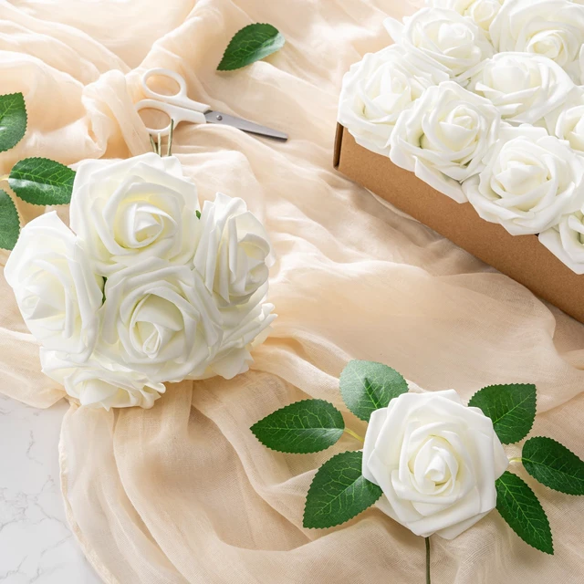 Alt view image 2 of 7 - 25pcs Foam Fake Roses with Stems for DIY Wedding Bouquets Bridal Shower Centerpieces Arrangements Party Tables Valentines Day Decorations Christmas Tree Ivory