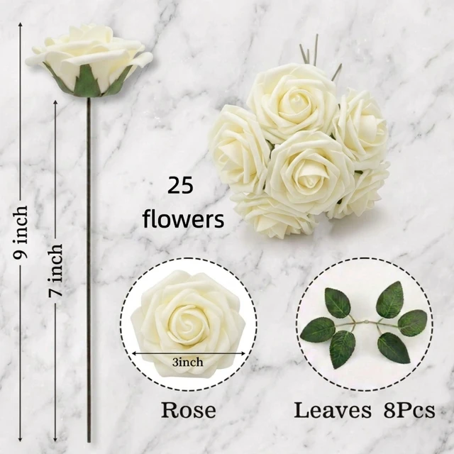 Alt view image 5 of 7 - 25pcs Foam Fake Roses with Stems for DIY Wedding Bouquets Bridal Shower Centerpieces Arrangements Party Tables Valentines Day Decorations Christmas Tree Ivory