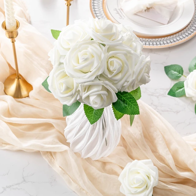 Alt view image 3 of 7 - 25pcs Foam Fake Roses with Stems for DIY Wedding Bouquets Bridal Shower Centerpieces Arrangements Party Tables Valentines Day Decorations Christmas Tree Ivory