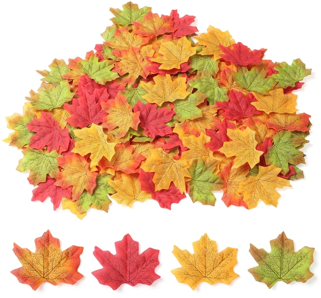 Main image of 400Pcs Fake Fall Leaves, Maple Leaf for Thanksgiving Decor | Autumn Leaves for Crafts, Wedding, Party, Fall Home Table Halloween Decorations, 4 Colors