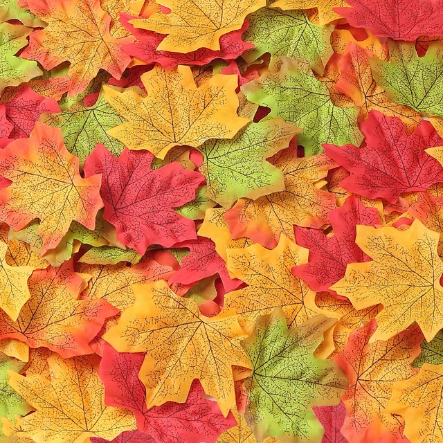 Alt view image 2 of 7 - 400Pcs Fake Fall Leaves, Maple Leaf for Thanksgiving Decor | Autumn Leaves for Crafts, Wedding, Party, Fall Home Table Halloween Decorations, 4 Colors