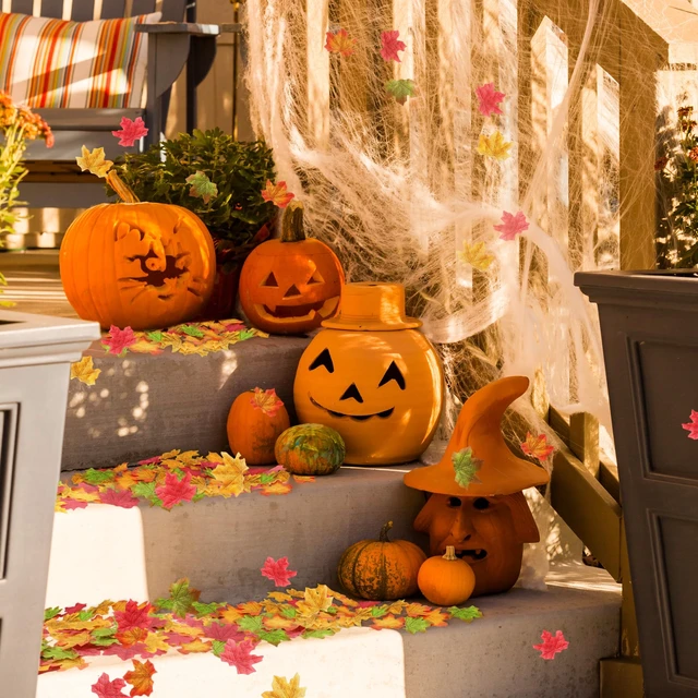 Alt view image 6 of 7 - 400Pcs Fake Fall Leaves, Maple Leaf for Thanksgiving Decor | Autumn Leaves for Crafts, Wedding, Party, Fall Home Table Halloween Decorations, 4 Colors