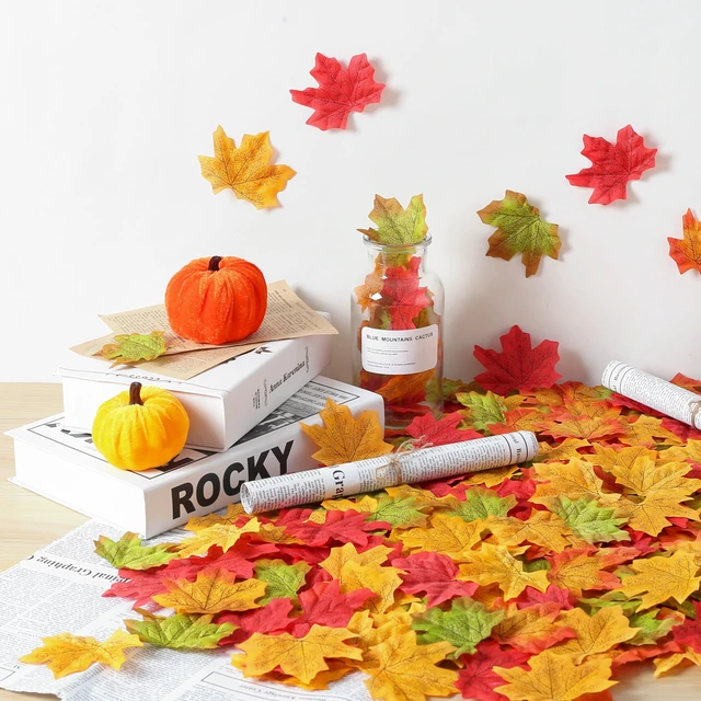 Alt view image 5 of 7 - 400Pcs Fake Fall Leaves, Maple Leaf for Thanksgiving Decor | Autumn Leaves for Crafts, Wedding, Party, Fall Home Table Halloween Decorations, 4 Colors
