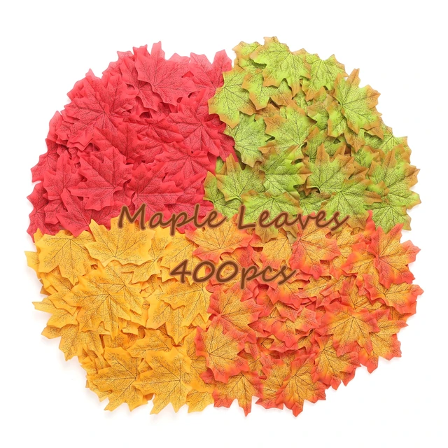 Alt view image 4 of 7 - 400Pcs Fake Fall Leaves, Maple Leaf for Thanksgiving Decor | Autumn Leaves for Crafts, Wedding, Party, Fall Home Table Halloween Decorations, 4 Colors