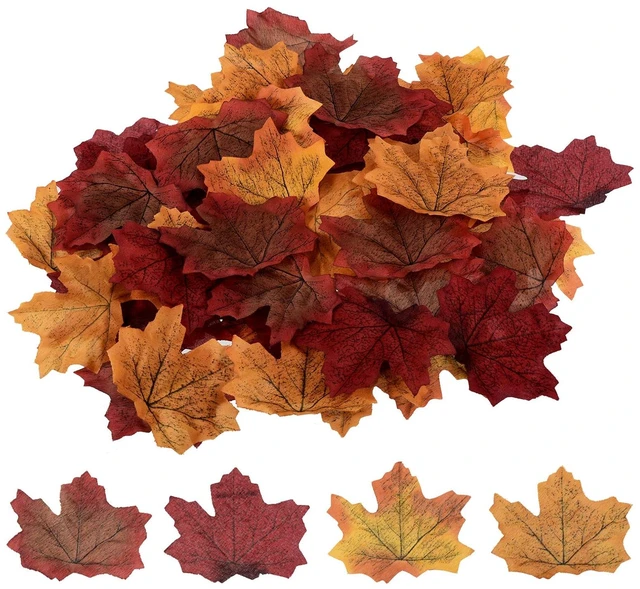 Main image of Artificial Leaves, 200 Pcs Mixed Fall Maple Autumn Fake Leaf for Wedding Party Thanksgiving Halloween Decoration, 4 Assorted Color