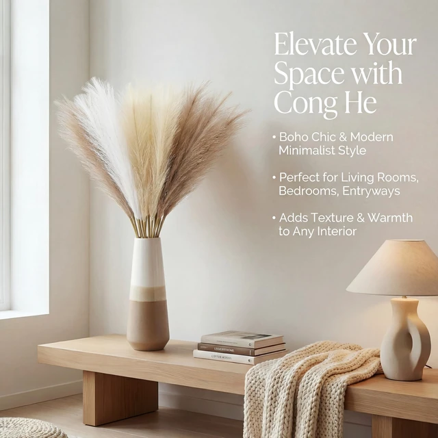 Alt view image 3 of 7 - 21.7" Fluffy Faux Pampas,30Pcs Bohemian Style | Artificial Pampas Grass Decor - No Shed Boho Room Decor, Wedding Table Centerpieces & Photography Props