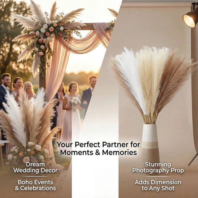 Alt view image 7 of 7 - 21.7" Fluffy Faux Pampas,30Pcs Bohemian Style | Artificial Pampas Grass Decor - No Shed Boho Room Decor, Wedding Table Centerpieces & Photography Props