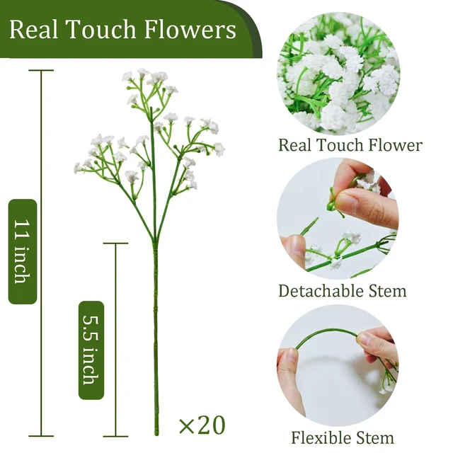 Alt view image 4 of 7 - 20 Pcs Real Touch Babys Breath Artificial Flowers, White Fake Flowers Baby Breath Flowers Artificial Bulk with Stems Branches for Vase Wedding Party Garden Home Decor Centerpiece Arrangements
