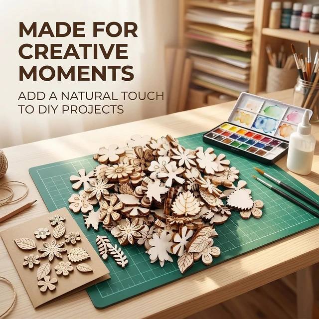 Alt view image 6 of 7 - 100 Pcs Unfinished Wooden Flower Wood Slice Leaf Pattern Wood Cutouts Pieces Mini Wooden Handmade Crafts Decoration, Craft Supplies