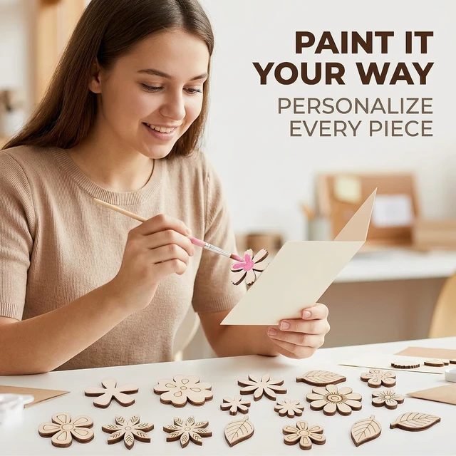 Alt view image 3 of 7 - 100 Pcs Unfinished Wooden Flower Wood Slice Leaf Pattern Wood Cutouts Pieces Mini Wooden Handmade Crafts Decoration, Craft Supplies
