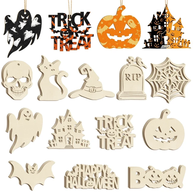 Main image of 36PCS Wooden Halloween Ornaments to Paint Fall Decorations, 12 Styles DIY Blank Autumn Unfinished Wood Skull Pumpkin Ghost Bat Boo Trick or Treat Halloween Cutouts Ornament for Crafts Party Hanging