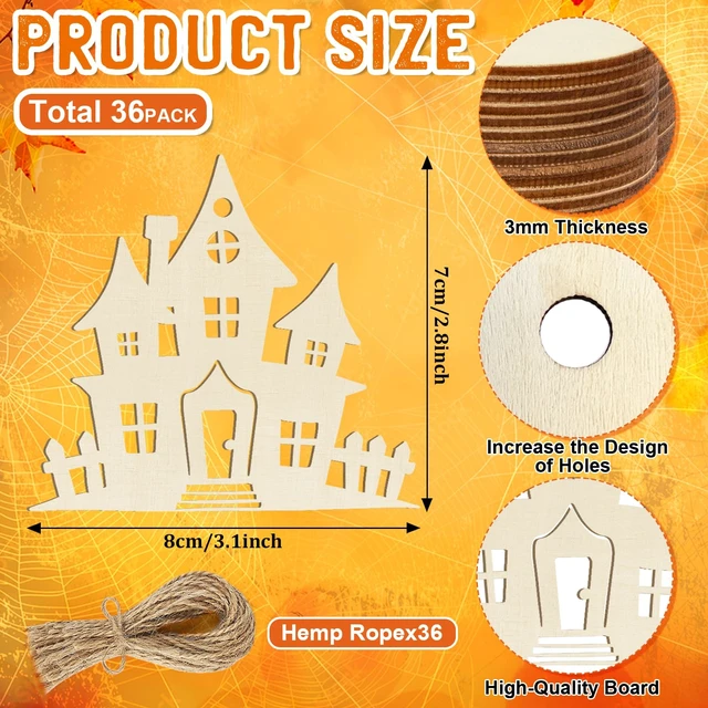 Alt view image 2 of 7 - 36PCS Wooden Halloween Ornaments to Paint Fall Decorations, 12 Styles DIY Blank Autumn Unfinished Wood Skull Pumpkin Ghost Bat Boo Trick or Treat Halloween Cutouts Ornament for Crafts Party Hanging