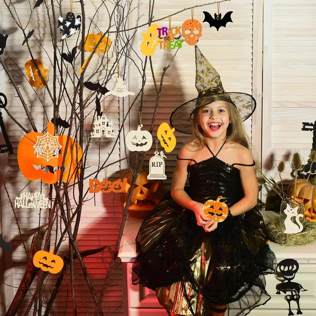 Alt view image 5 of 7 - 36PCS Wooden Halloween Ornaments to Paint Fall Decorations, 12 Styles DIY Blank Autumn Unfinished Wood Skull Pumpkin Ghost Bat Boo Trick or Treat Halloween Cutouts Ornament for Crafts Party Hanging