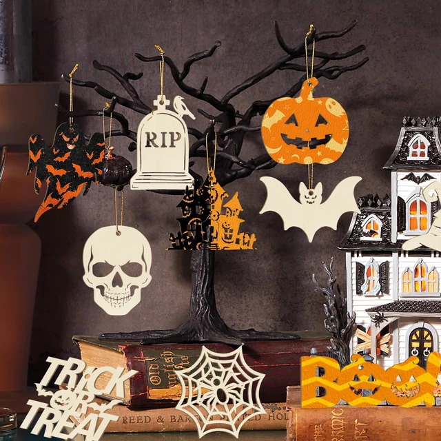 Alt view image 6 of 7 - 36PCS Wooden Halloween Ornaments to Paint Fall Decorations, 12 Styles DIY Blank Autumn Unfinished Wood Skull Pumpkin Ghost Bat Boo Trick or Treat Halloween Cutouts Ornament for Crafts Party Hanging