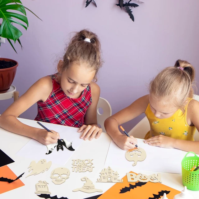 Alt view image 7 of 7 - 36PCS Wooden Halloween Ornaments to Paint Fall Decorations, 12 Styles DIY Blank Autumn Unfinished Wood Skull Pumpkin Ghost Bat Boo Trick or Treat Halloween Cutouts Ornament for Crafts Party Hanging