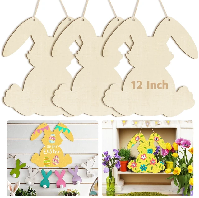 Main image of 12" Wooden DIY Blank Unfinished Round Wood Discs Ornament Happy Easter Bunny Door Sign Door Hanging Sign Plaque Crafts Hanging Decorations 3PCS