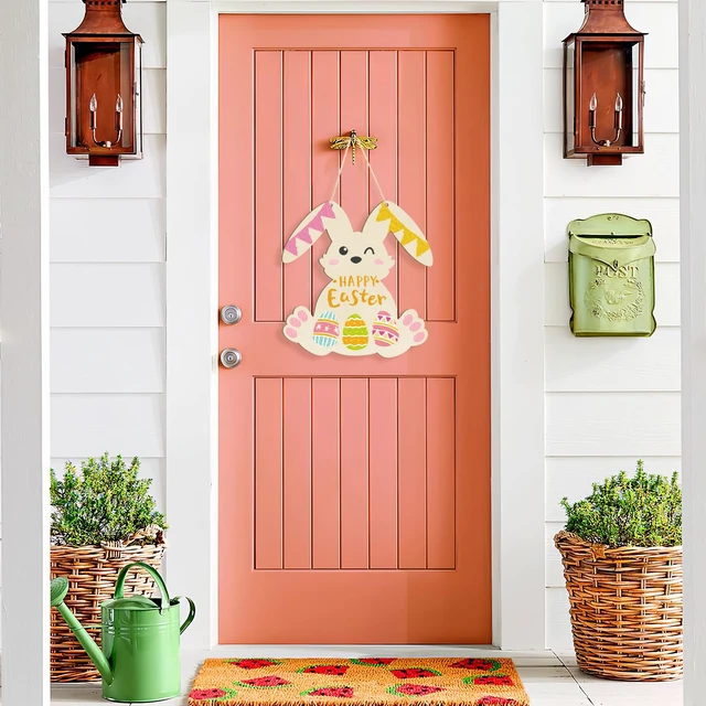 Alt view image 2 of 7 - 12" Wooden DIY Blank Unfinished Round Wood Discs Ornament Happy Easter Bunny Door Sign Door Hanging Sign Plaque Crafts Hanging Decorations 3PCS
