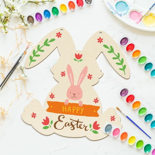 Alt view image 4 of 7 - 12" Wooden DIY Blank Unfinished Round Wood Discs Ornament Happy Easter Bunny Door Sign Door Hanging Sign Plaque Crafts Hanging Decorations 3PCS