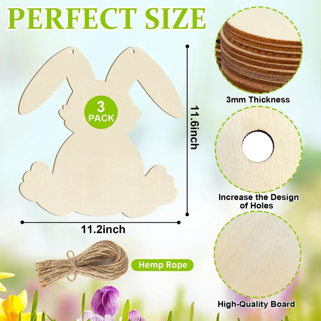 Alt view image 7 of 7 - 12" Wooden DIY Blank Unfinished Round Wood Discs Ornament Happy Easter Bunny Door Sign Door Hanging Sign Plaque Crafts Hanging Decorations 3PCS