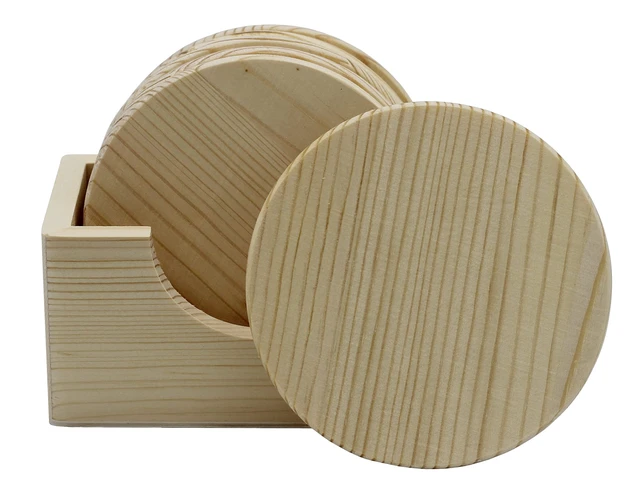 Alt view image 2 of 5 - 6 Pack of Unfinished Wood Coasters with Holder - 4 Inch Round Wooden Coaster DIY Craft, Sanded and Ready to Decorate, Paint or Stain
