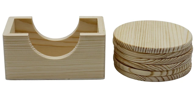 Alt view image 3 of 5 - 6 Pack of Unfinished Wood Coasters with Holder - 4 Inch Round Wooden Coaster DIY Craft, Sanded and Ready to Decorate, Paint or Stain