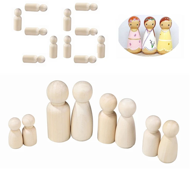 Main image of 56 PCS Unfinished Natural Wooden Peg Dolls | Little Wooden peg People for Painted or Craft