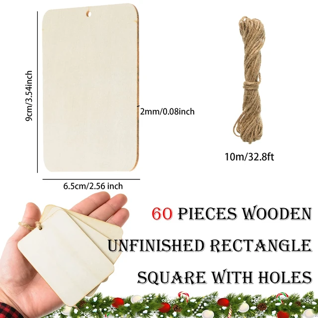 Alt view image 2 of 7 - 60 Pcs Wooden Tags 2.5 x 3.5 Inch Unfinished Wood Pieces Rectangle Square Wooden Cutouts with Holes Wood Ornaments with 32.8ft Rope for Holiday Gift Tags DIY Craft Hanging Decorations Painting