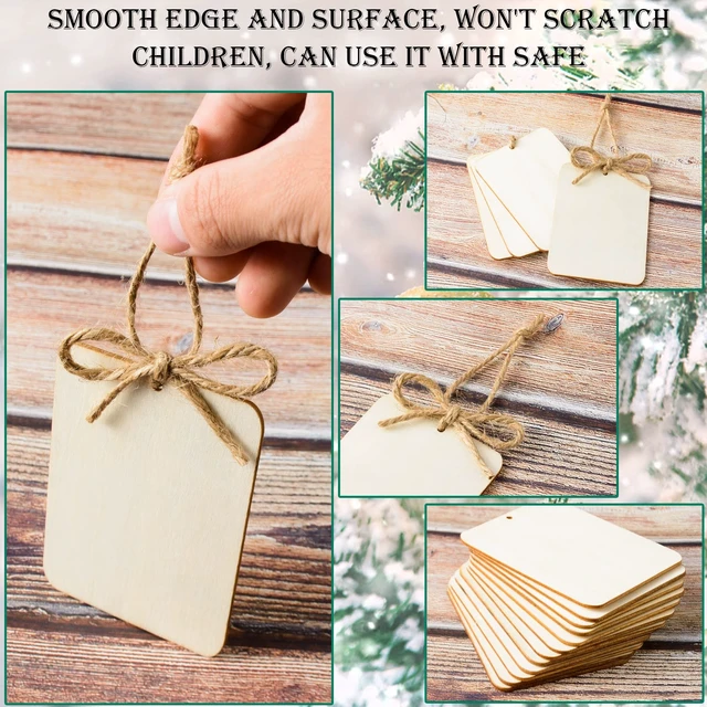 Alt view image 3 of 7 - 60 Pcs Wooden Tags 2.5 x 3.5 Inch Unfinished Wood Pieces Rectangle Square Wooden Cutouts with Holes Wood Ornaments with 32.8ft Rope for Holiday Gift Tags DIY Craft Hanging Decorations Painting