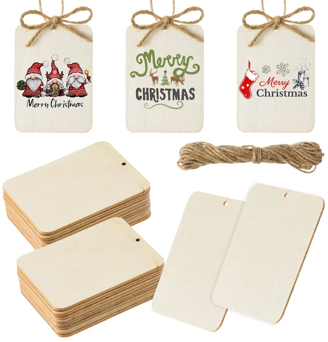 Main image of 60 Pcs Wooden Tags 2.5 x 3.5 Inch Unfinished Wood Pieces Rectangle Square Wooden Cutouts with Holes Wood Ornaments with 32.8ft Rope for Holiday Gift Tags DIY Craft Hanging Decorations Painting