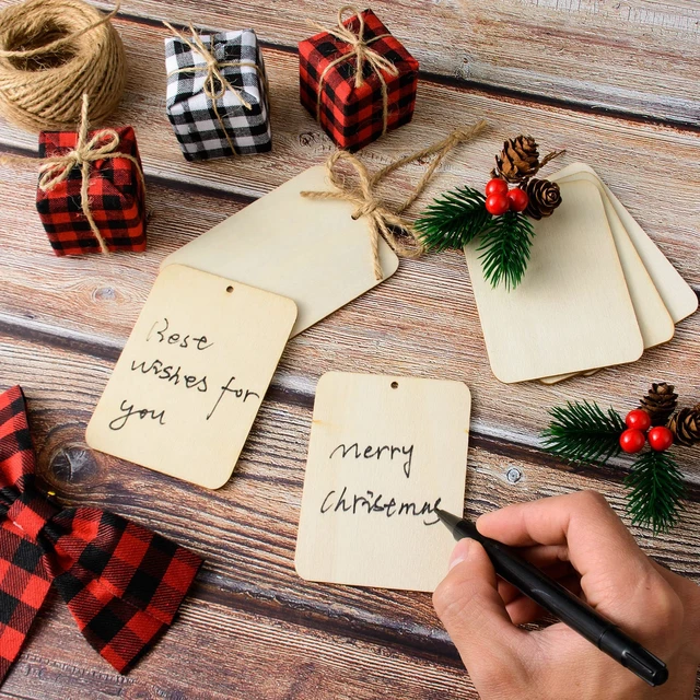 Alt view image 4 of 7 - 60 Pcs Wooden Tags 2.5 x 3.5 Inch Unfinished Wood Pieces Rectangle Square Wooden Cutouts with Holes Wood Ornaments with 32.8ft Rope for Holiday Gift Tags DIY Craft Hanging Decorations Painting