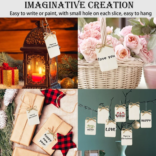 Alt view image 6 of 7 - 60 Pcs Wooden Tags 2.5 x 3.5 Inch Unfinished Wood Pieces Rectangle Square Wooden Cutouts with Holes Wood Ornaments with 32.8ft Rope for Holiday Gift Tags DIY Craft Hanging Decorations Painting