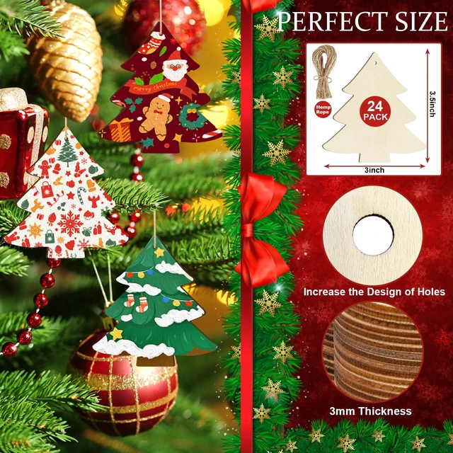Alt view image 7 of 7 - Paint Christmas Thanksgiving Decoration Cutouts Unfinished 24PCS 3.5 x 3 inches, DIY Blank Unfinished Christmas Tree Wood Discs Ornament for Home Crafts Hanging