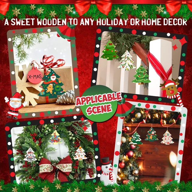 Alt view image 4 of 7 - Paint Christmas Thanksgiving Decoration Cutouts Unfinished 24PCS 3.5 x 3 inches, DIY Blank Unfinished Christmas Tree Wood Discs Ornament for Home Crafts Hanging
