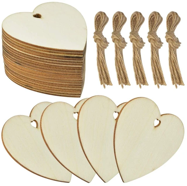 Main image of 50 Pieces 3 Inch Natural Heart Wood Slices, DIY Wooden Ornaments Unfinished Predrilled Heart Embellishments with Twine for Wedding, Thanksgiving, Christmas