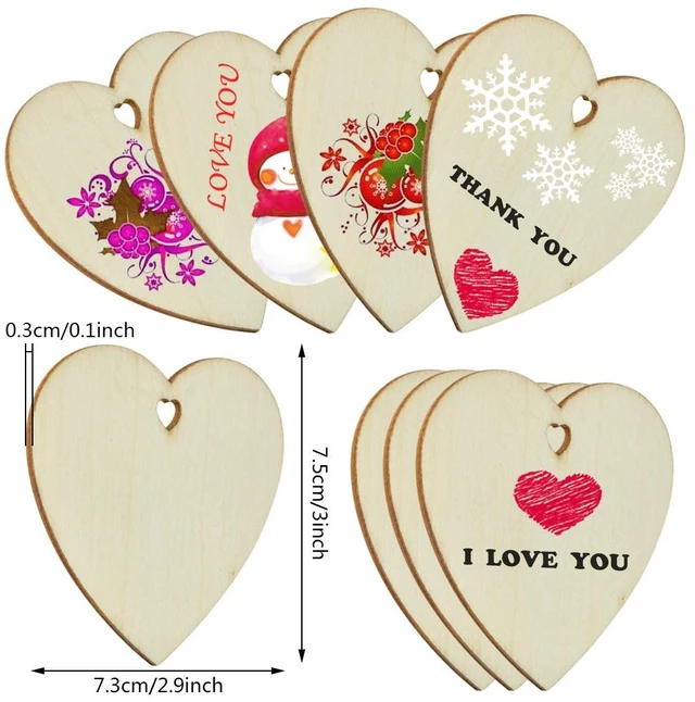 Alt view image 2 of 7 - 50 Pieces 3 Inch Natural Heart Wood Slices, DIY Wooden Ornaments Unfinished Predrilled Heart Embellishments with Twine for Wedding, Thanksgiving, Christmas