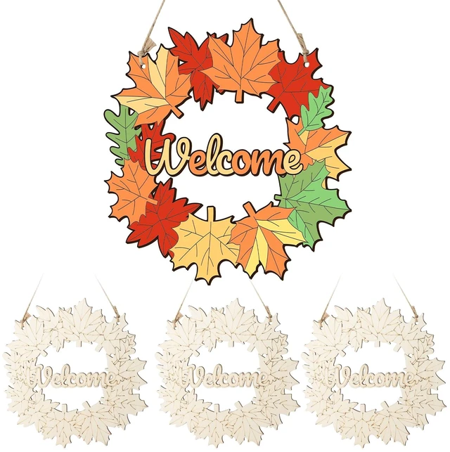 Main image of Fall Wreaths Wood Crafts to Paint Set of 3, 11" Bulk Fall Leaves Wreath Ornaments for Painting, Unfinished Wood Cutouts DIY Ornaments for Front Door with Ropes (Maple)
