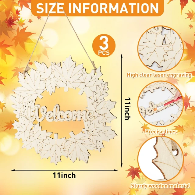 Alt view image 5 of 7 - Fall Wreaths Wood Crafts to Paint Set of 3, 11" Bulk Fall Leaves Wreath Ornaments for Painting, Unfinished Wood Cutouts DIY Ornaments for Front Door with Ropes (Maple)