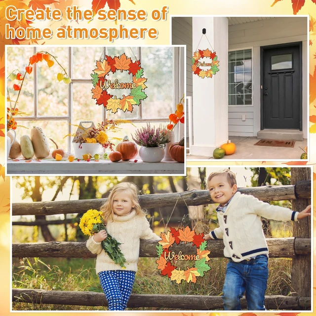 Alt view image 7 of 7 - Fall Wreaths Wood Crafts to Paint Set of 3, 11" Bulk Fall Leaves Wreath Ornaments for Painting, Unfinished Wood Cutouts DIY Ornaments for Front Door with Ropes (Maple)