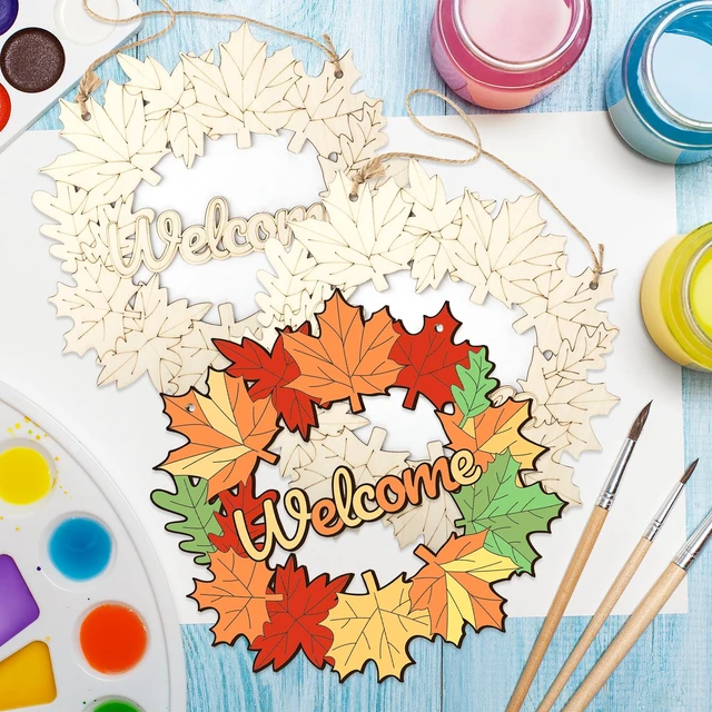 Alt view image 6 of 7 - Fall Wreaths Wood Crafts to Paint Set of 3, 11" Bulk Fall Leaves Wreath Ornaments for Painting, Unfinished Wood Cutouts DIY Ornaments for Front Door with Ropes (Maple)
