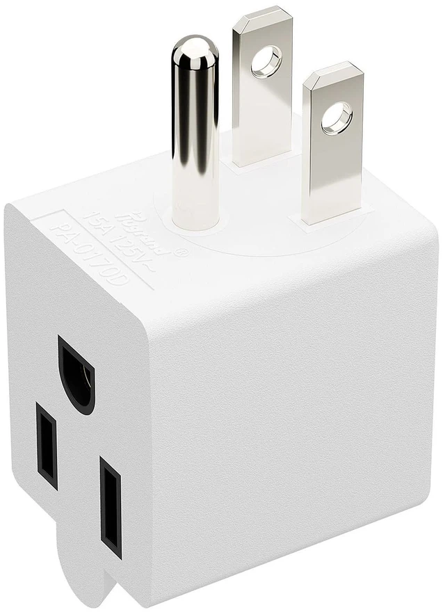 Main image of 3 Prong Adapter, ETL Listed Downward NEMA 5-15P Male-Female Adaptor | 90 Degree Downward USA Male to Female Power Adapter, Angled 5-15P to 5-15R Direction Changer Space Save, White, PA-0170D