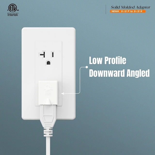 Alt view image 2 of 6 - 3 Prong Adapter, ETL Listed Downward NEMA 5-15P Male-Female Adaptor | 90 Degree Downward USA Male to Female Power Adapter, Angled 5-15P to 5-15R Direction Changer Space Save, White, PA-0170D