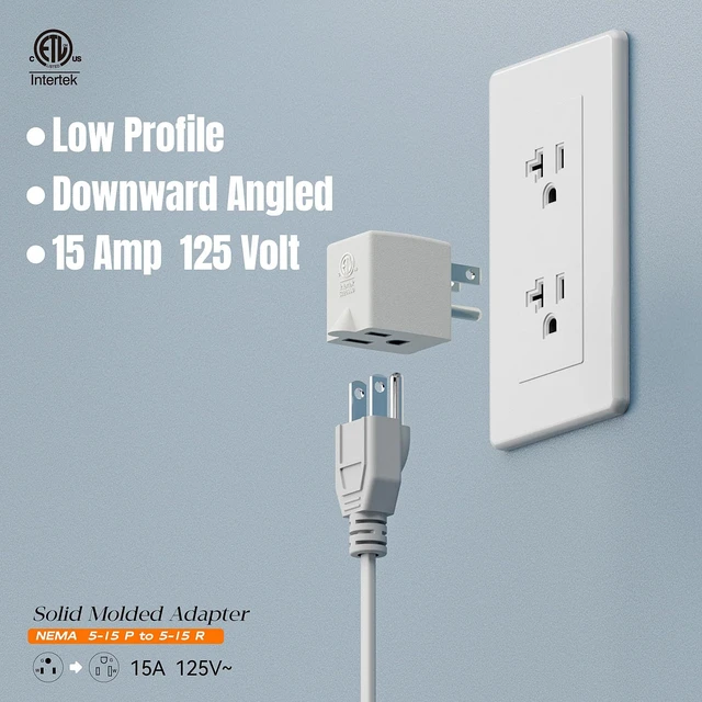 Alt view image 3 of 6 - 3 Prong Adapter, ETL Listed Downward NEMA 5-15P Male-Female Adaptor | 90 Degree Downward USA Male to Female Power Adapter, Angled 5-15P to 5-15R Direction Changer Space Save, White, PA-0170D