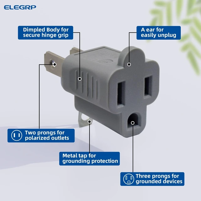 Alt view image 3 of 6 - 2 to 3 Prong Outlet Adapter, 3 to 2 Prong Converter - Polarized Grounding Plug Adapter, ETL Listed, 5 Pack, Gray