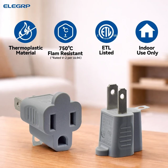 Alt view image 2 of 6 - 2 to 3 Prong Outlet Adapter, 3 to 2 Prong Converter - Polarized Grounding Plug Adapter, ETL Listed, 5 Pack, Gray