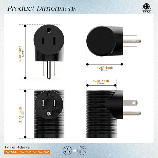 Alt view image 2 of 7 - 5-15R to 5-15P Right Angle Power Adaptor, Right Angled USA 3-Prong Male-Female Adapter,90 Degree Angled USA Male Female Power Adapter PA-0209